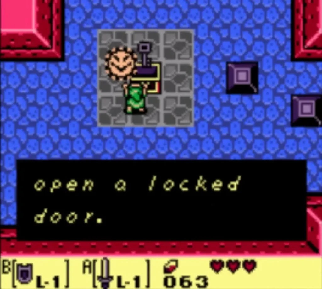 A message box ending with open a locked door is fully typed while Link stands under the chest A message box ending with open a locked door is fully typed while Link stands under the chest