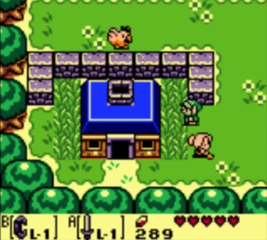 Link approaches the blue-roofed house of Grandpa Ulrira in Mabe Village Link approaches the blue-roofed house of Grandpa Ulrira in Mabe Village