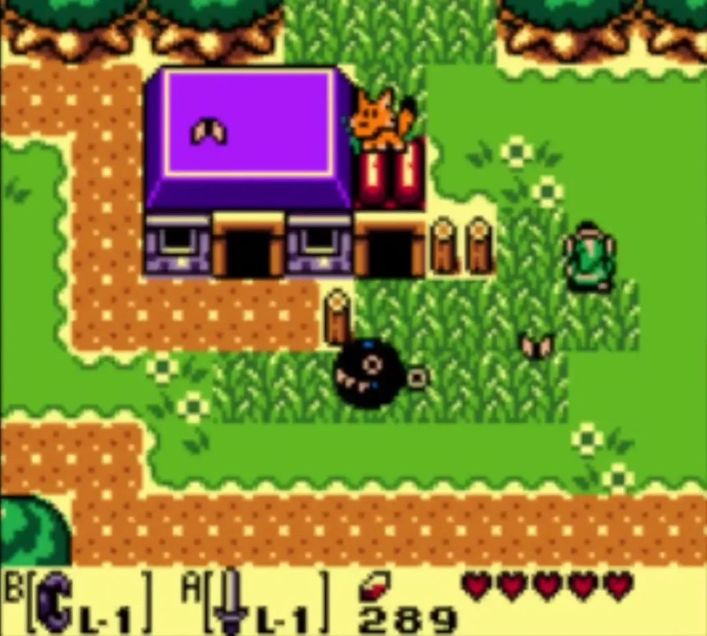 A Chain Chomp rolls on the Mabe Village path past a purple-roofed house as Link stands in the grass A Chain Chomp rolls on the Mabe Village path past a purple-roofed house as Link stands in the grass