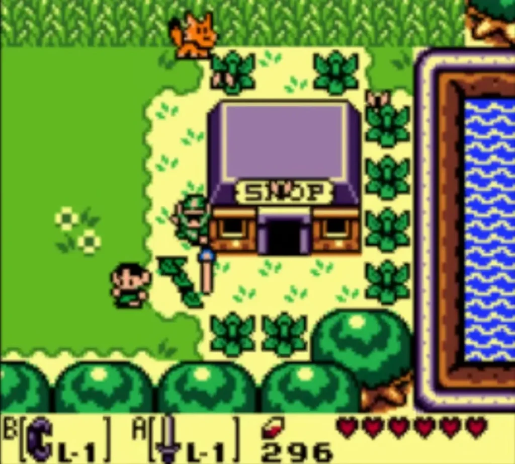 Link swings his Sword beside the village shop with a villager and a fox nearby Link swings his Sword beside the village shop with a villager and a fox nearby