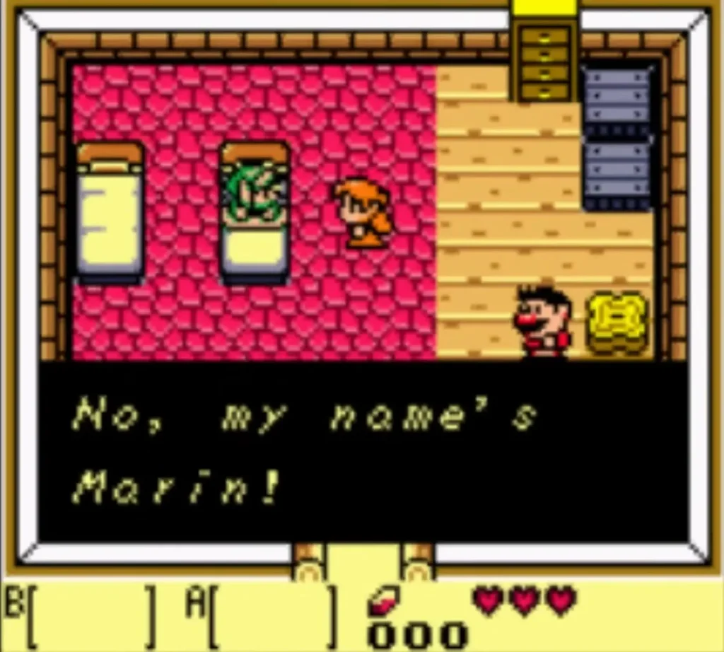 Link in bed in Tarin's house as Marin's text box reads No, my name's Marin! Link in bed in Tarin's house as Marin's text box reads No, my name's Marin!