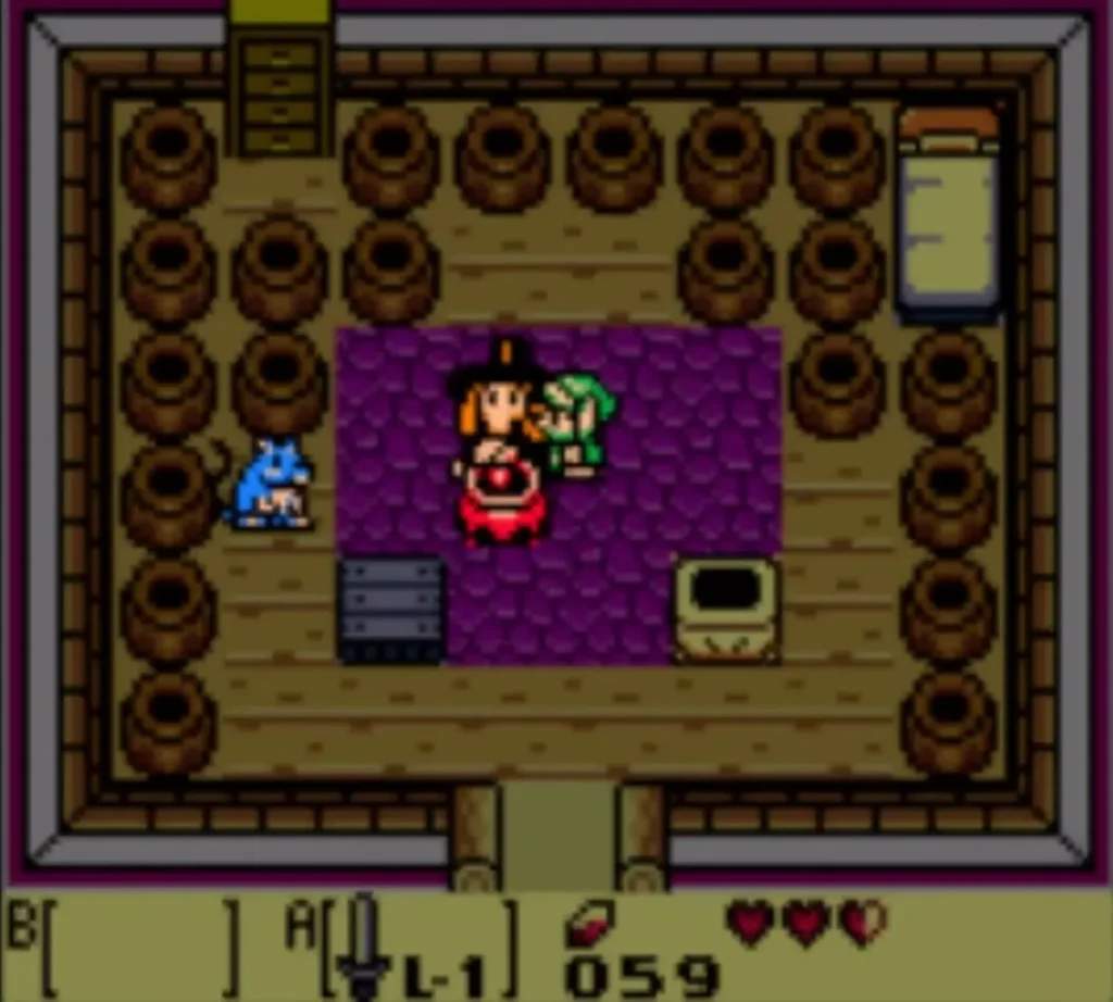 Link beside the Witch in her hut before the Magic Powder is brewed Link beside the Witch in her hut before the Magic Powder is brewed