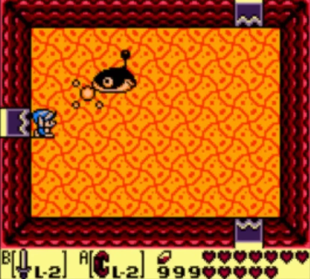 The thrown ball hits Smasher in the lava arena as Link waits at the west door The thrown ball hits Smasher in the lava arena as Link waits at the west door