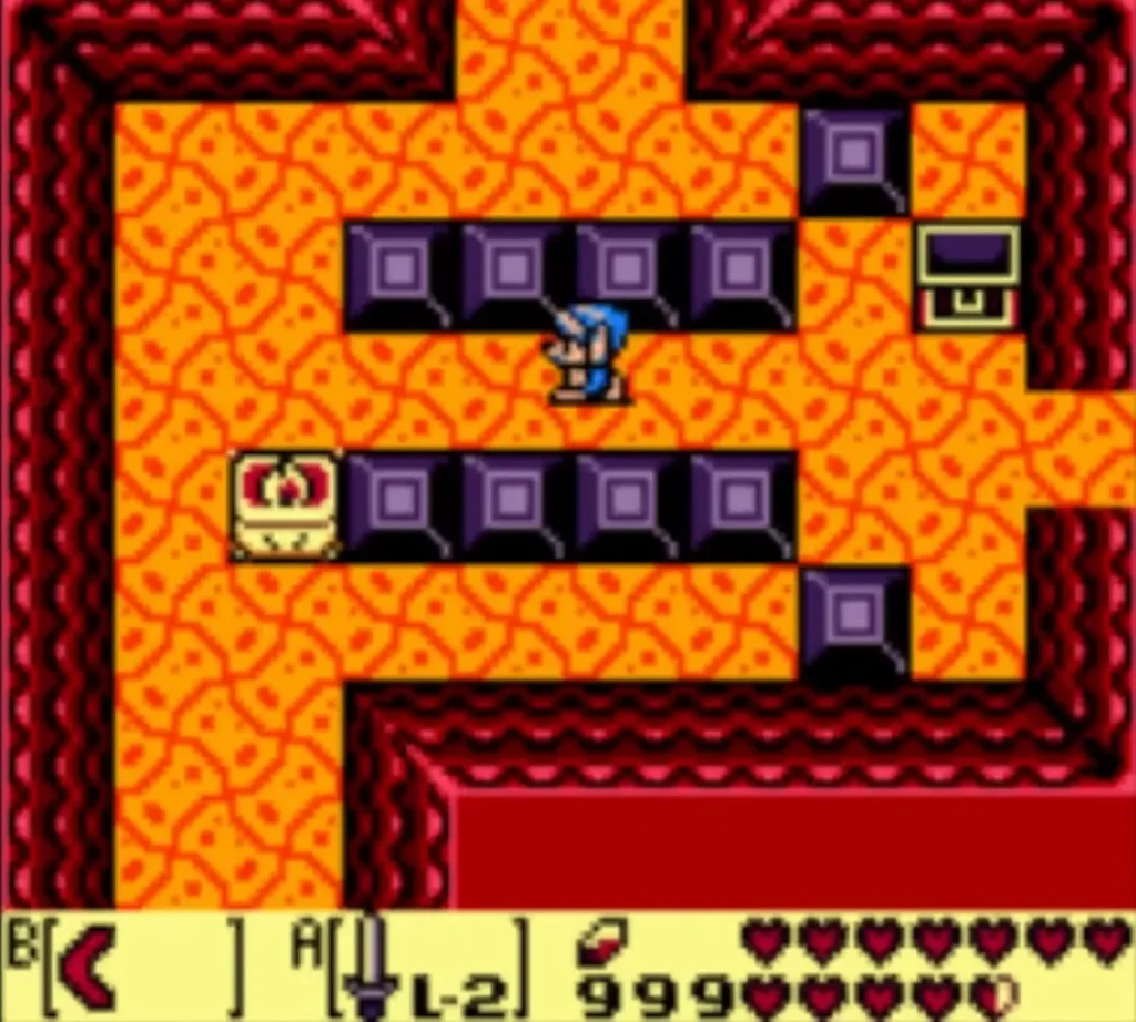 Lava room with a chest at the end of the block row and Link beside the blocks Lava room with a chest at the end of the block row and Link beside the blocks