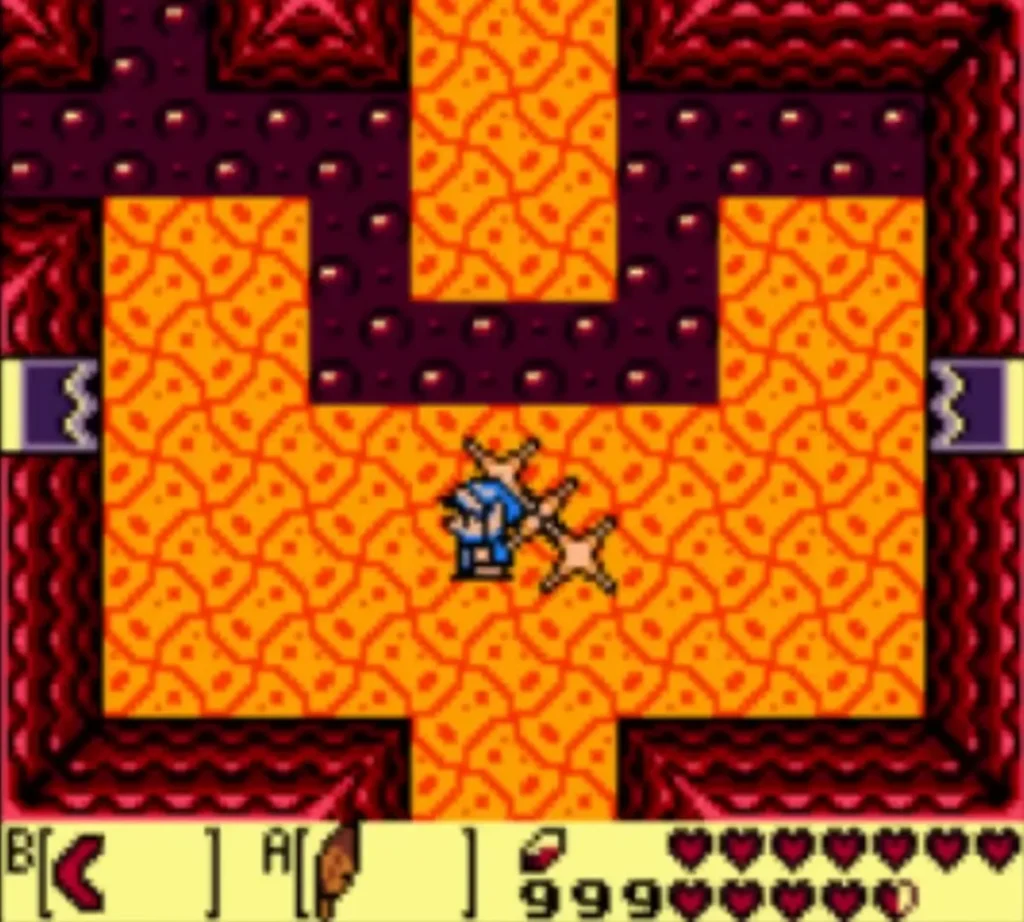 Link throws the Boomerang at the red bat Vire in the first room Link throws the Boomerang at the red bat Vire in the first room