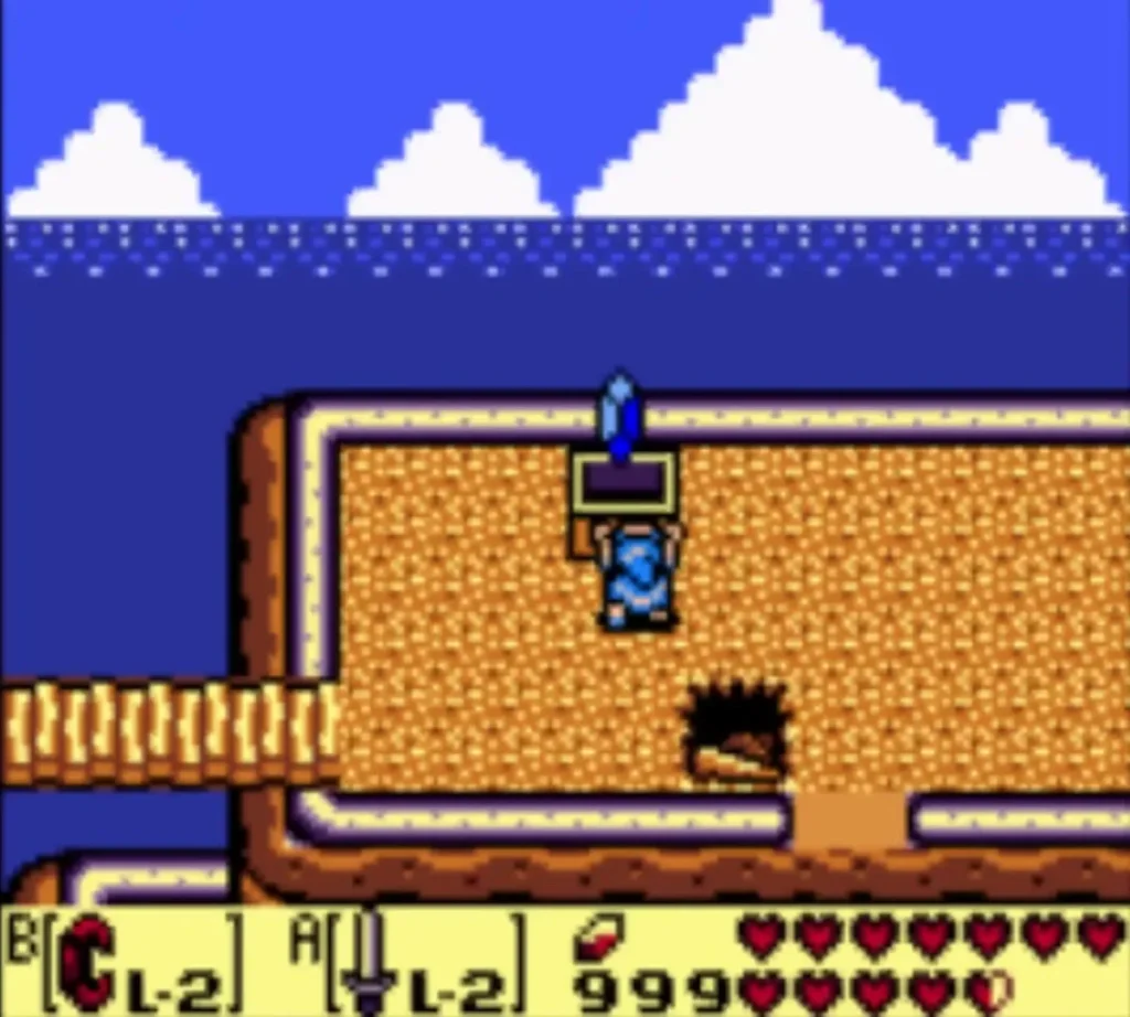 Link under an opened chest on the cliff shelf, a rupee rising from it Link under an opened chest on the cliff shelf, a rupee rising from it