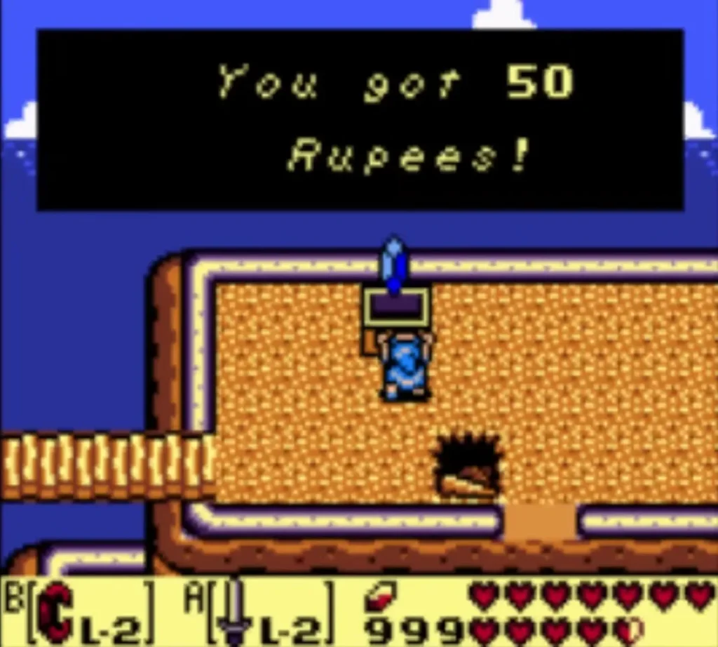 Message box reading You got 50 Rupees! above the cliff shelf chest Message box reading You got 50 Rupees! above the cliff shelf chest
