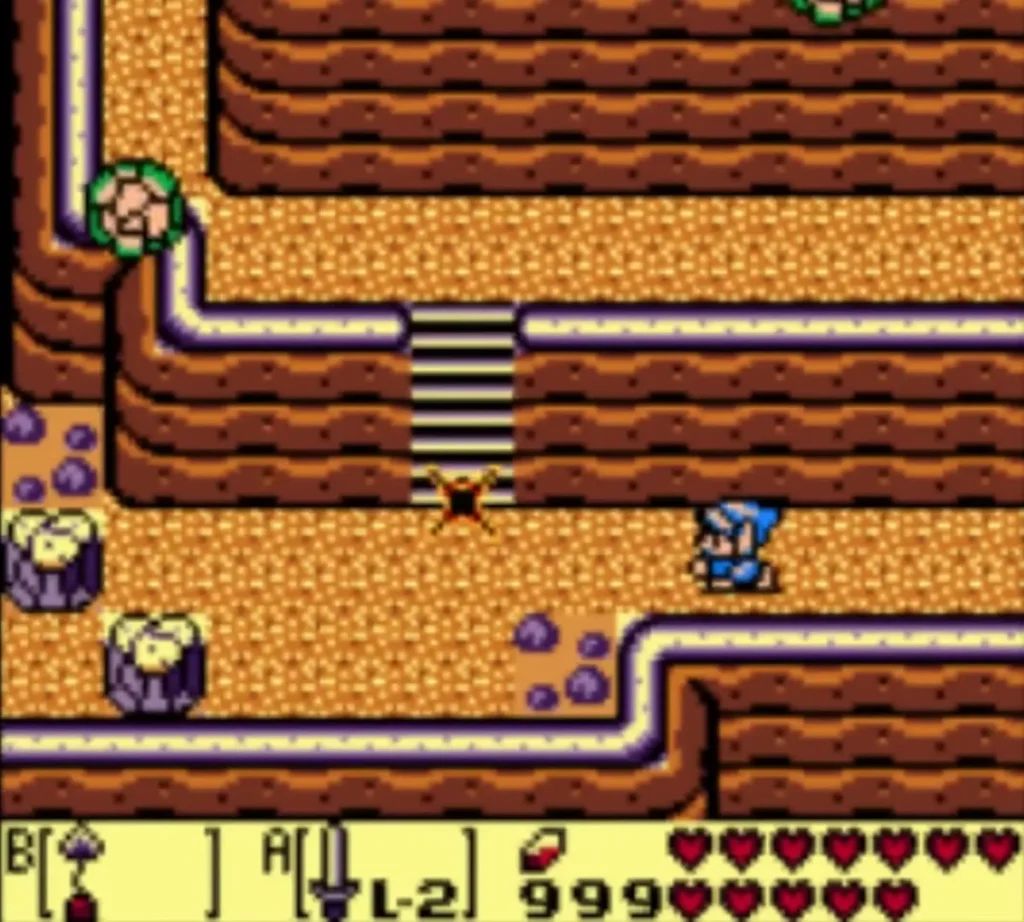 Link on the cliff path by the stairs, with purple boulders around Link on the cliff path by the stairs, with purple boulders around