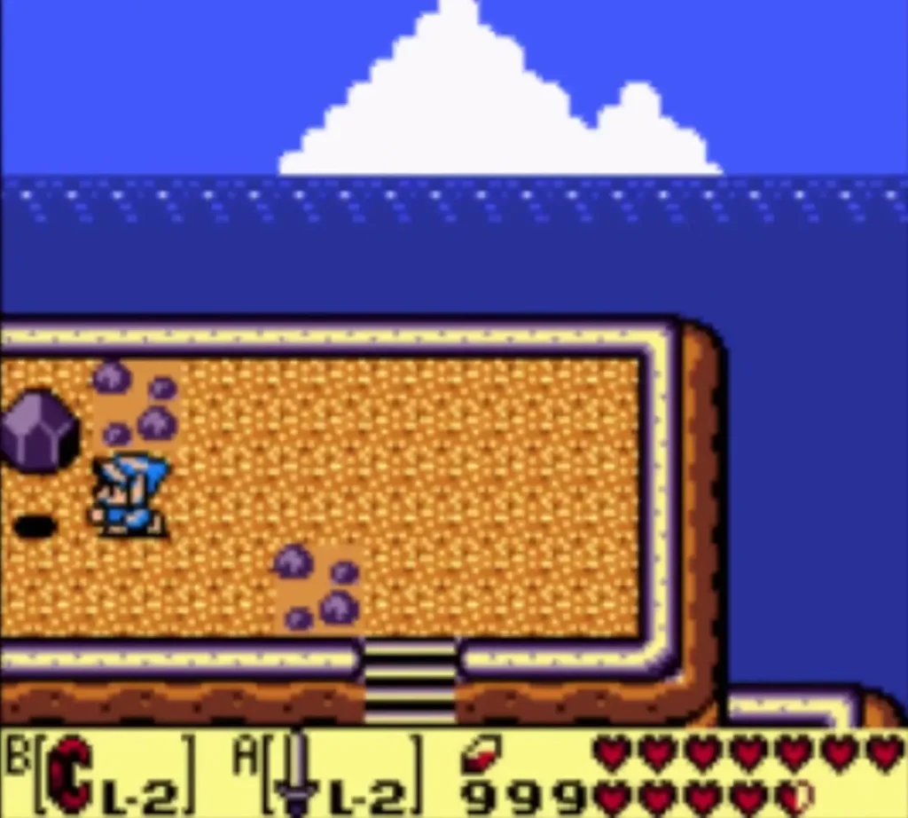 Link walking along the cliff shelf with purple boulders beside the sea Link walking along the cliff shelf with purple boulders beside the sea