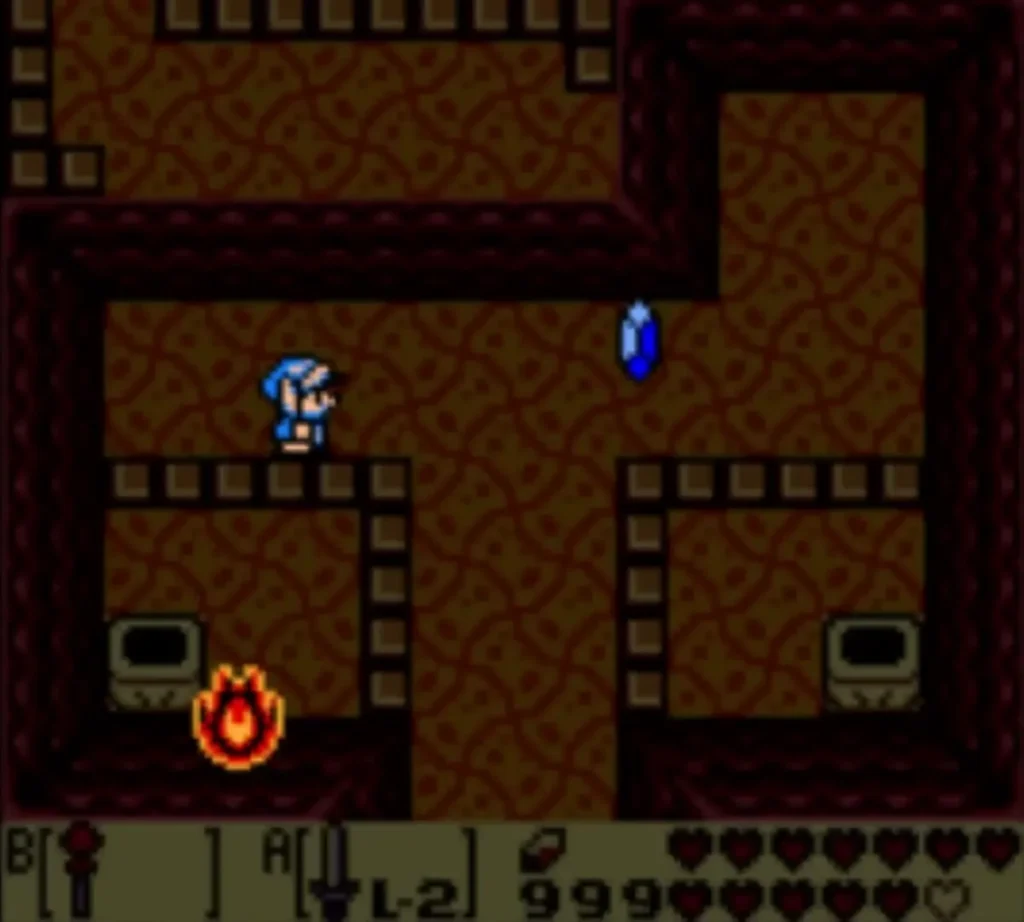 Link in the dark torch room beside a lit flame Link in the dark torch room beside a lit flame
