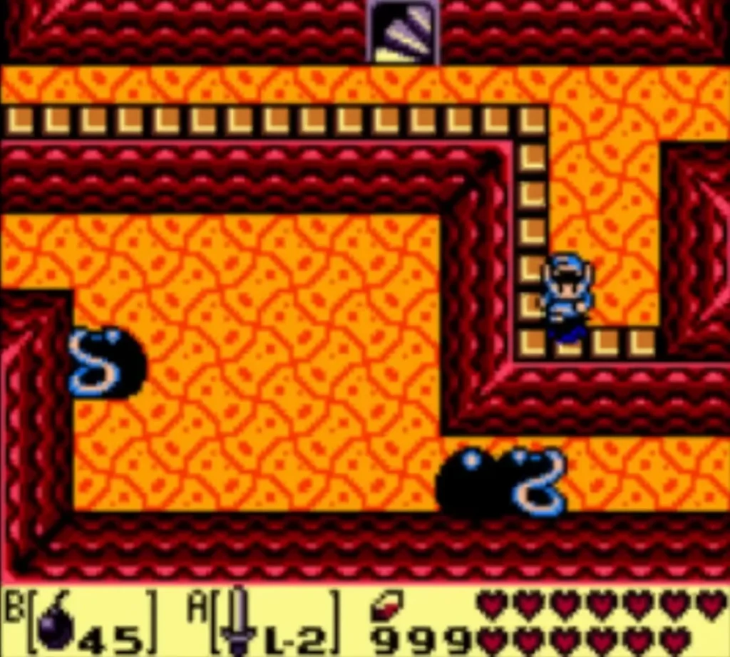 A Dodongo Snake crawling toward Link across the lava room A Dodongo Snake crawling toward Link across the lava room
