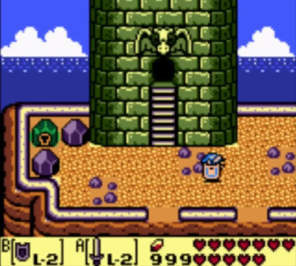 Link on a sandy ledge outside Eagle's Tower, with purple rocks nearby Link on a sandy ledge outside Eagle's Tower, with purple rocks nearby