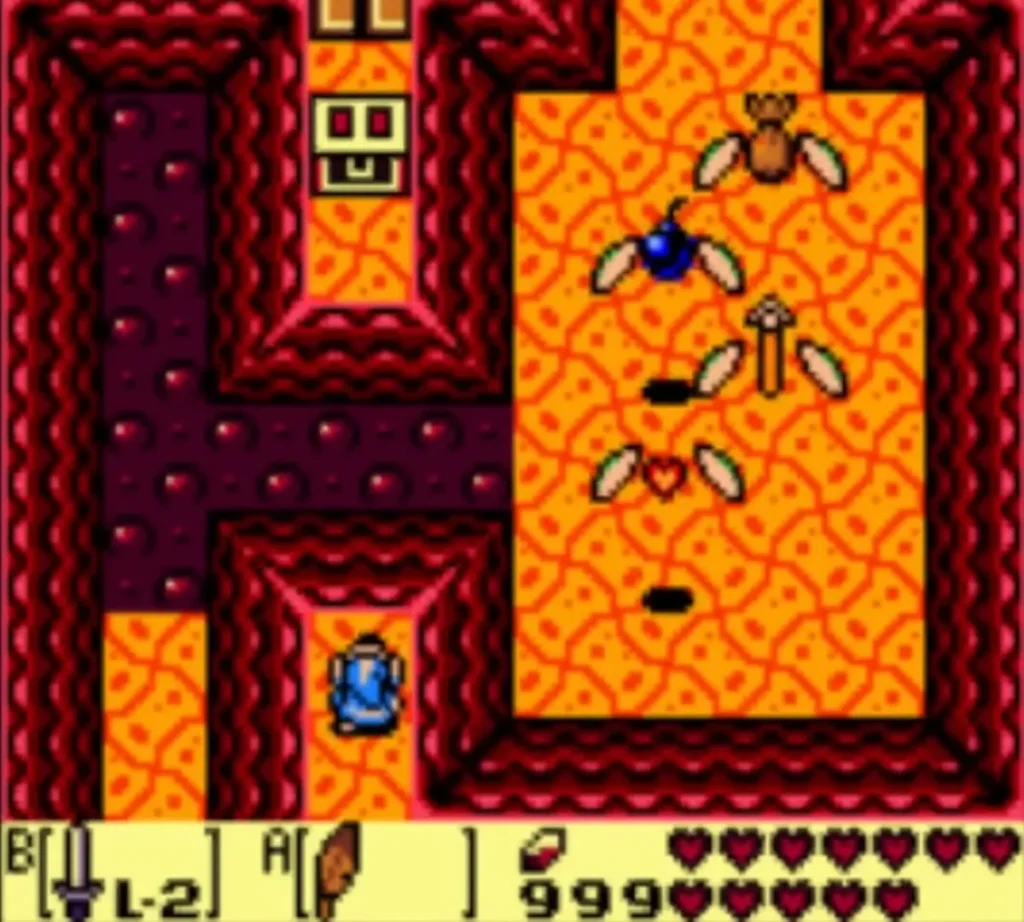 Link holding up the red Secret Medicine above a stone block in the lava room Link holding up the red Secret Medicine above a stone block in the lava room