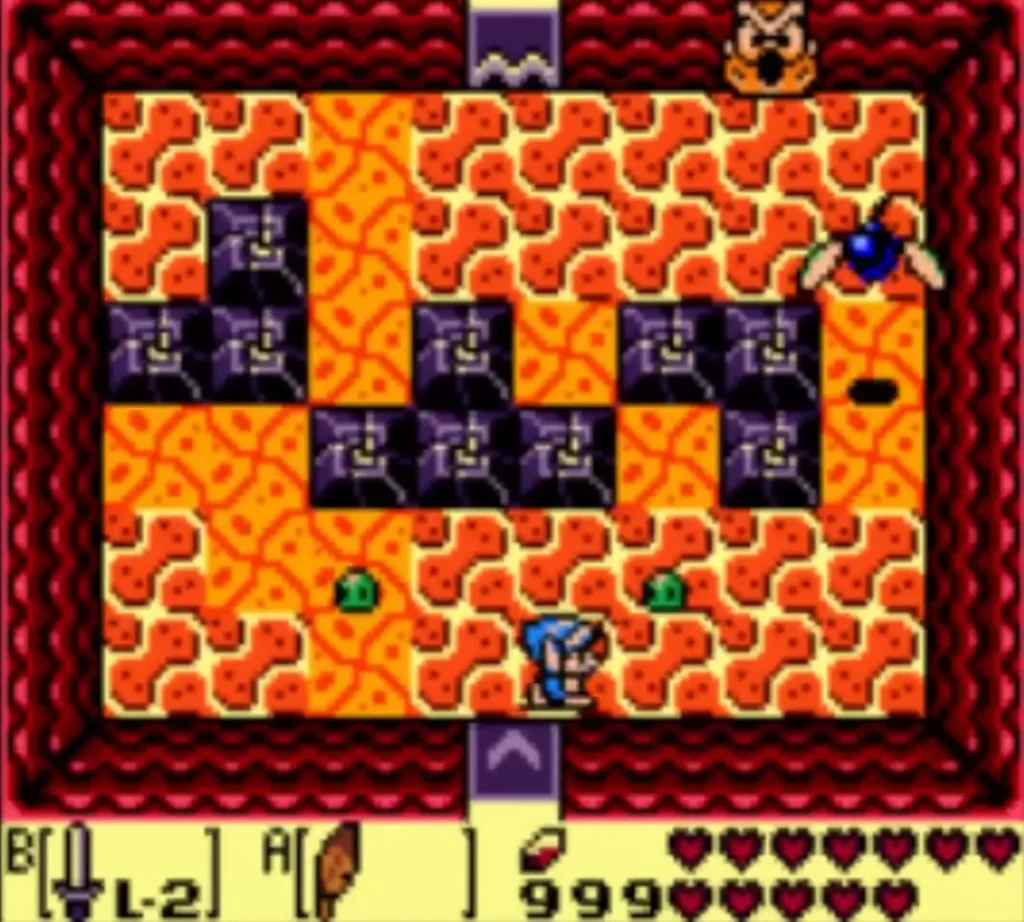 Link and two small green Zols in the lava room of purple blocks Link and two small green Zols in the lava room of purple blocks
