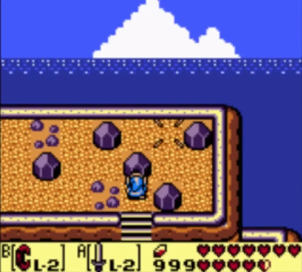 Link on a high cliff by the sea, among purple boulders Link on a high cliff by the sea, among purple boulders