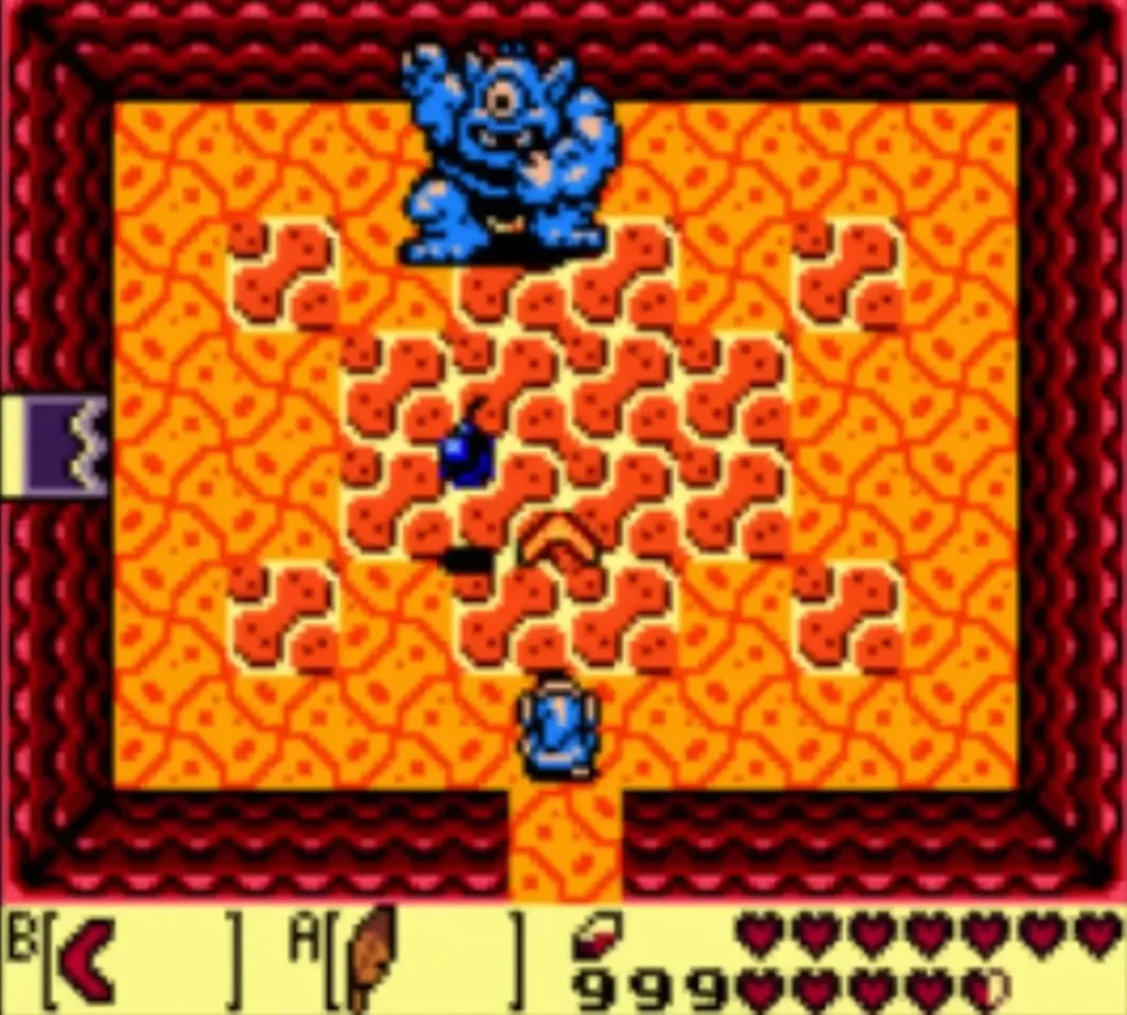 The blue Hinox mini-boss charging across the lava room The blue Hinox mini-boss charging across the lava room