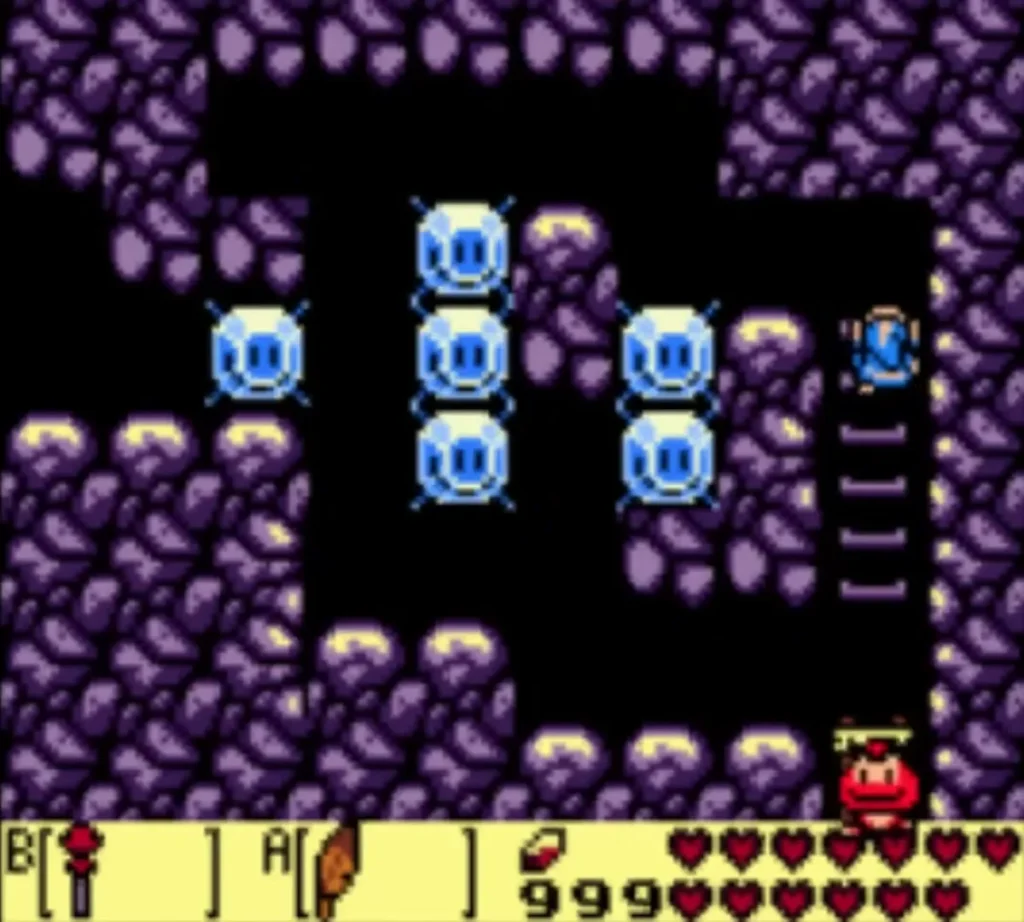 Link at the top of the ladder beside the ice blocks, with a Goomba below. Link at the top of the ladder beside the ice blocks, with a Goomba below.