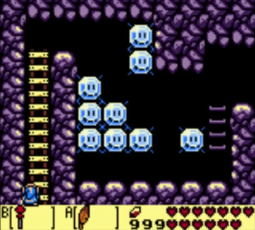 Link at the foot of the ladder in the ice cave, with ice blocks above Link at the foot of the ladder in the ice cave, with ice blocks above