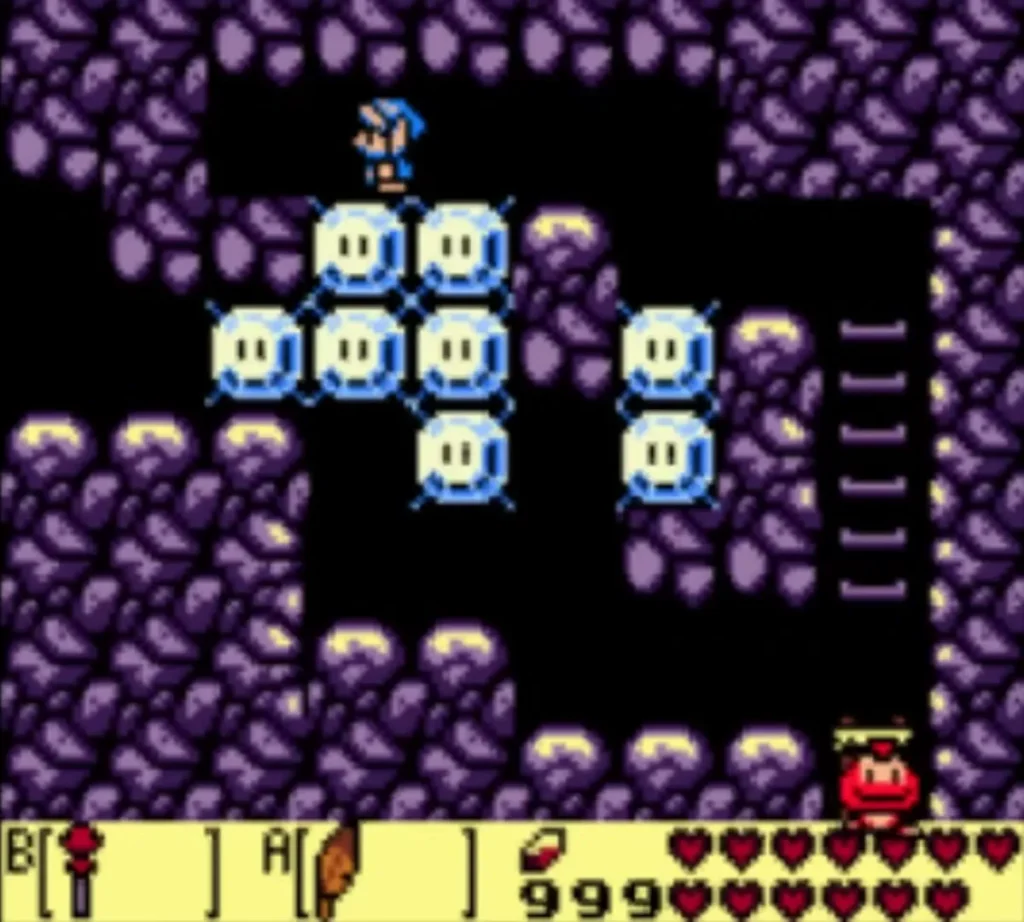 Link among ice blocks in the purple cave of Turtle Rock, with the ladder above him Link among ice blocks in the purple cave of Turtle Rock, with the ladder above him