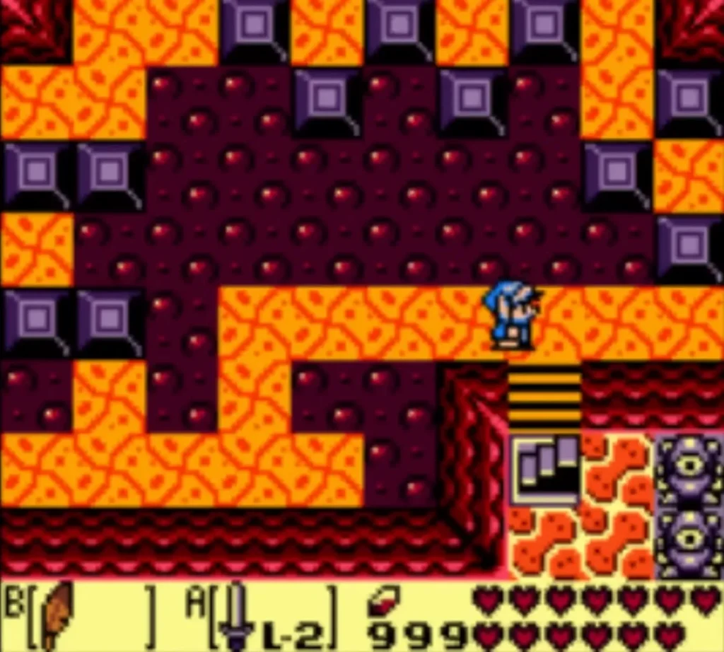 Link crossing the orange platform path over the pit with the staircase below him Link crossing the orange platform path over the pit with the staircase below him