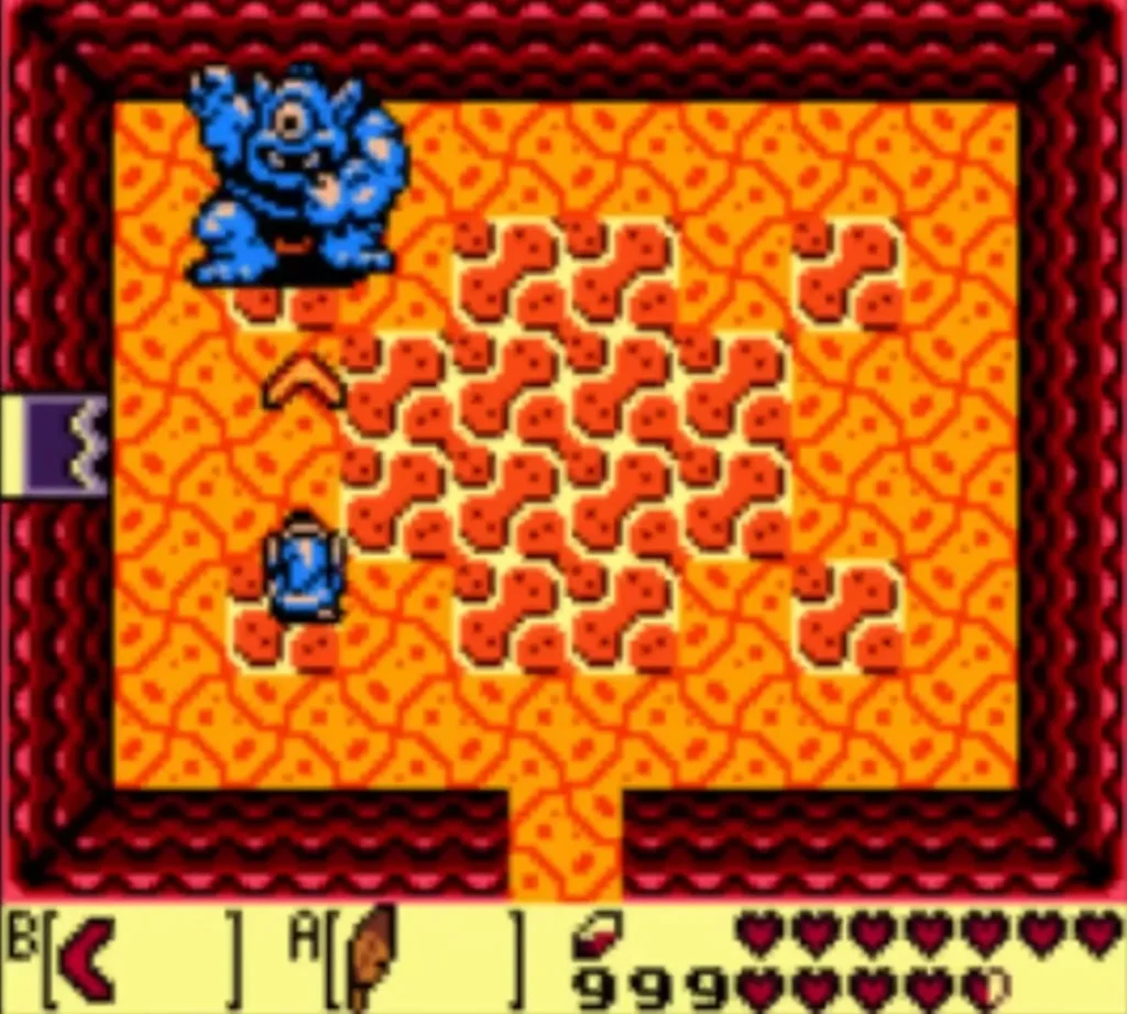 Link standing in the lava room facing the blue Hinox Link standing in the lava room facing the blue Hinox