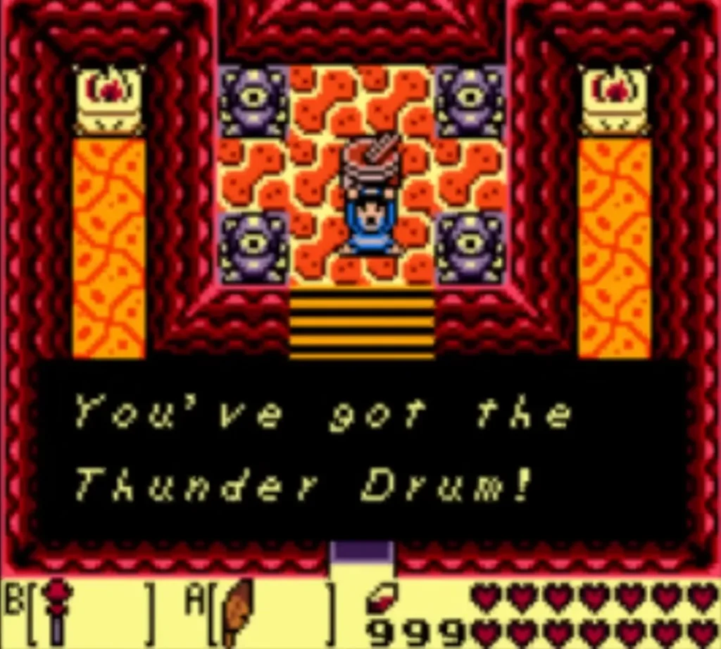 Link holding up the Thunder Drum with the message box open Link holding up the Thunder Drum with the message box open
