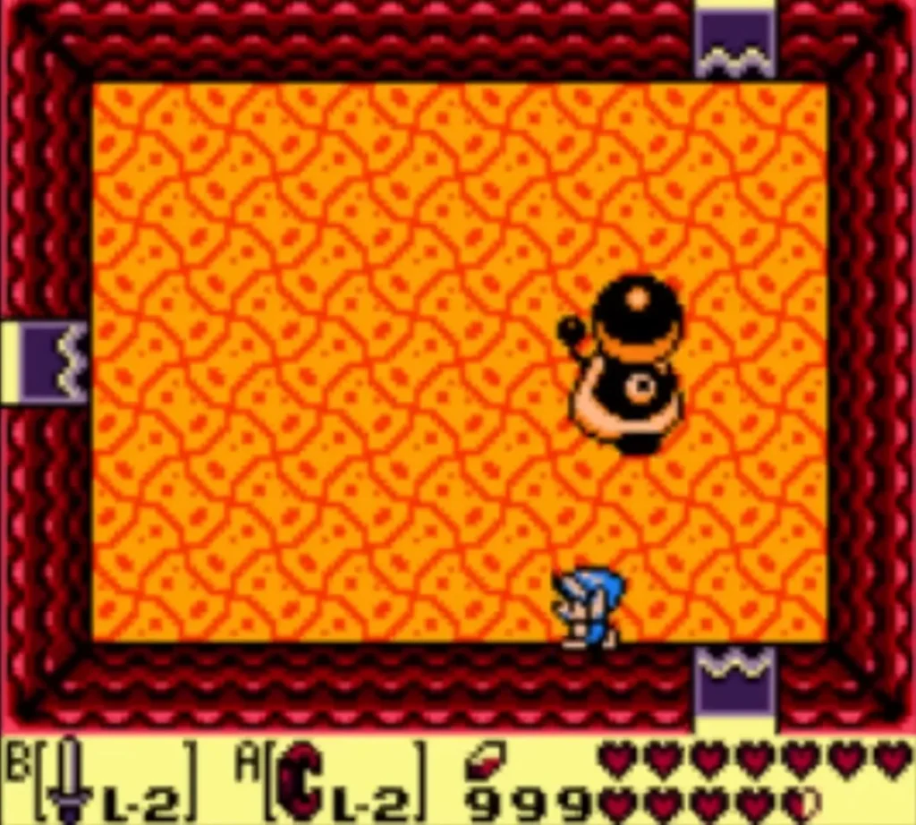 Link standing in the lava arena with the Smasher mini-boss Link standing in the lava arena with the Smasher mini-boss