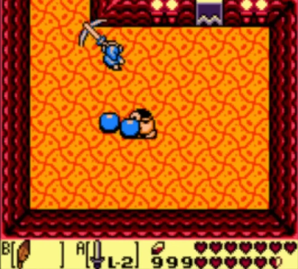 Link raising his sword against Blaino in the lava arena Link raising his sword against Blaino in the lava arena