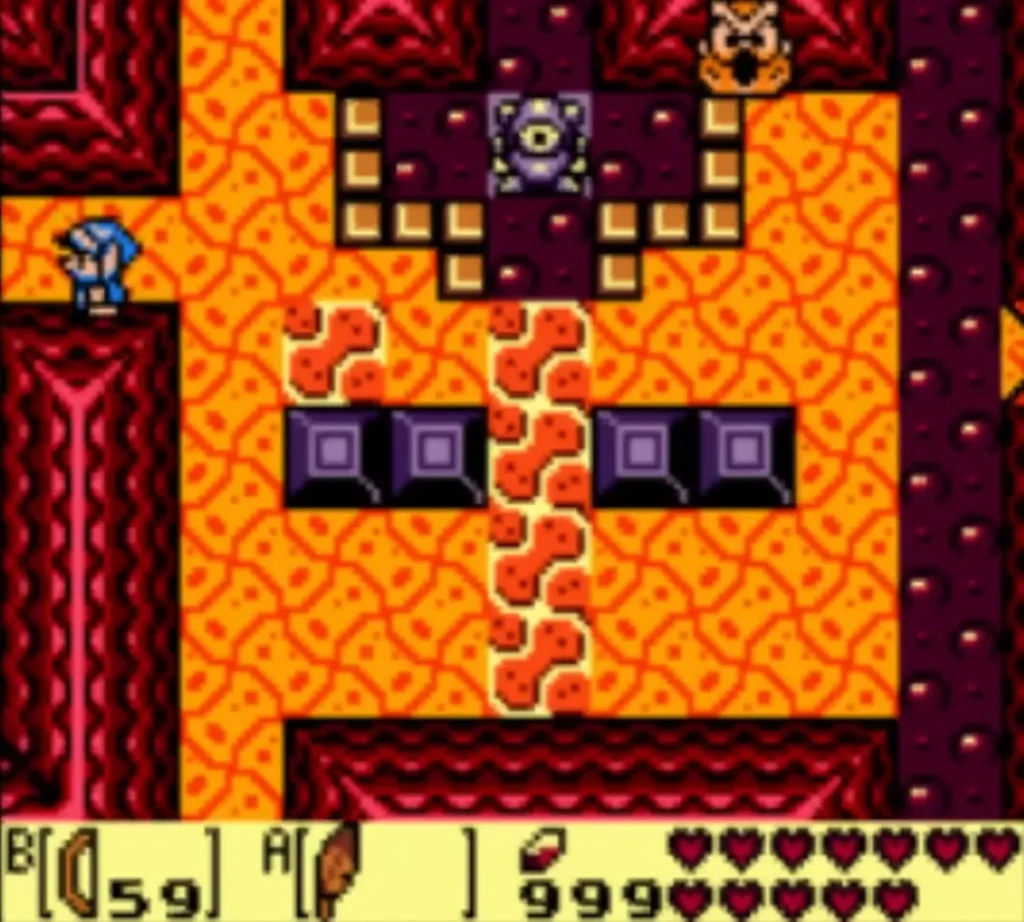 Link with the Bow ready beside an eye statue and a Peahat in the lava room Link with the Bow ready beside an eye statue and a Peahat in the lava room