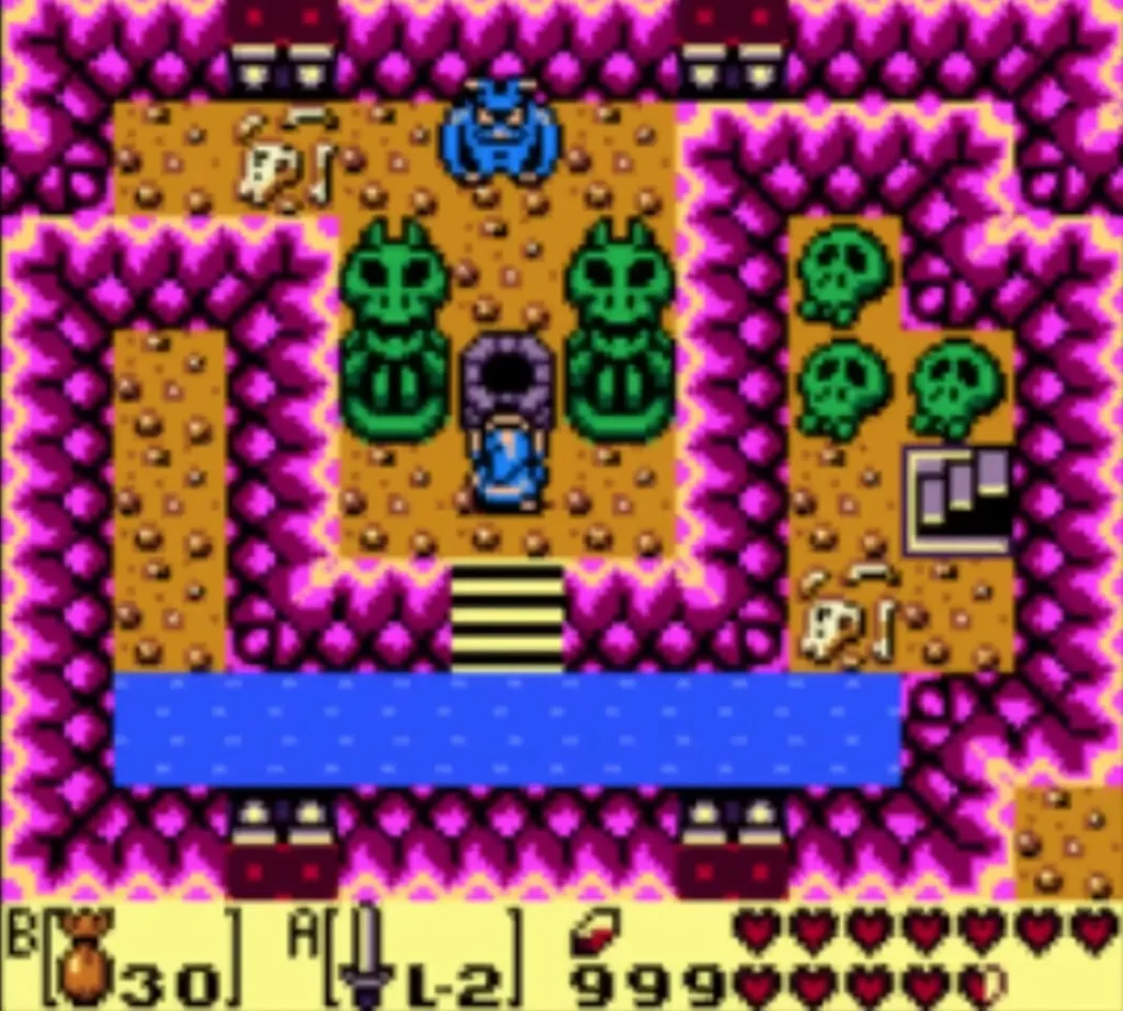 Link standing at the Mad Batter well between two green statues Link standing at the Mad Batter well between two green statues
