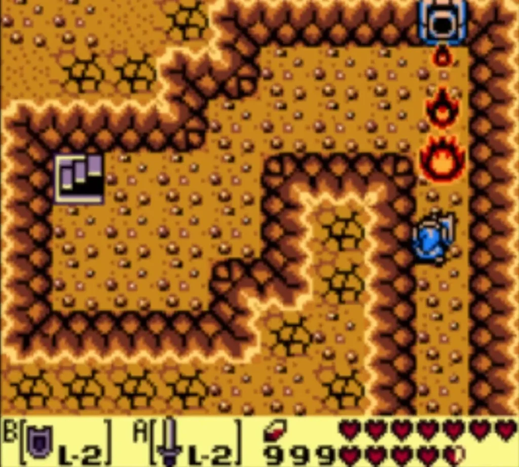 Link raising the Mirror Shield against the flames in the cave Link raising the Mirror Shield against the flames in the cave