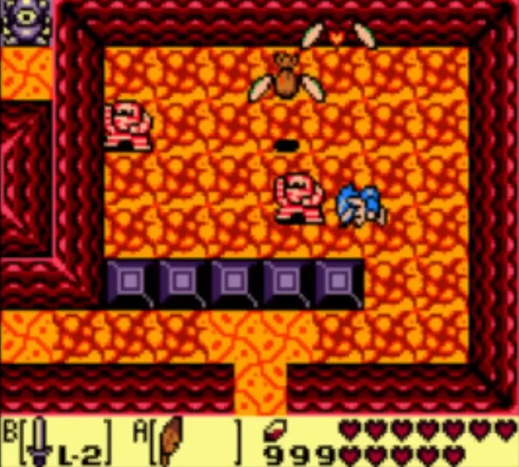 Link walking north through the room with orange and purple blocks Link walking north through the room with orange and purple blocks