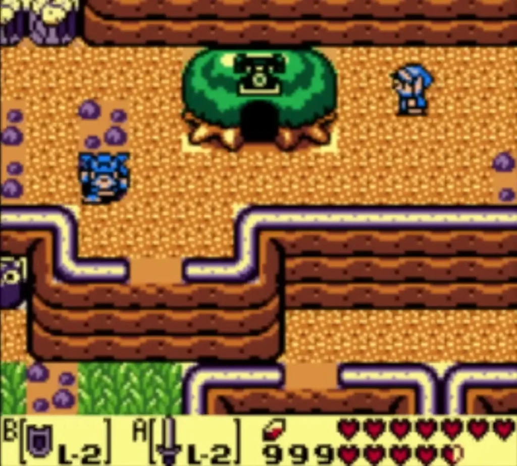 Link beside the phone booth set in a tree on the mountain path Link beside the phone booth set in a tree on the mountain path