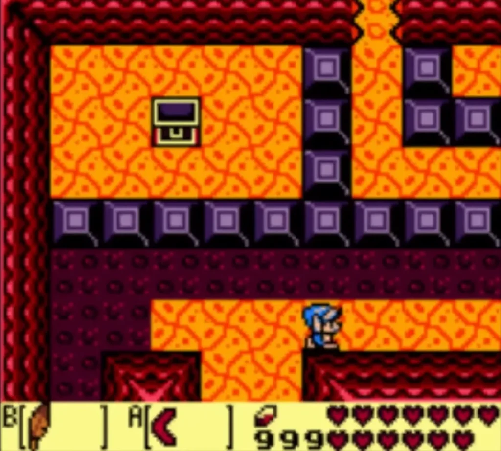 Link entering the platform room on the second visit, with the red platform tile in the pit Link entering the platform room on the second visit, with the red platform tile in the pit