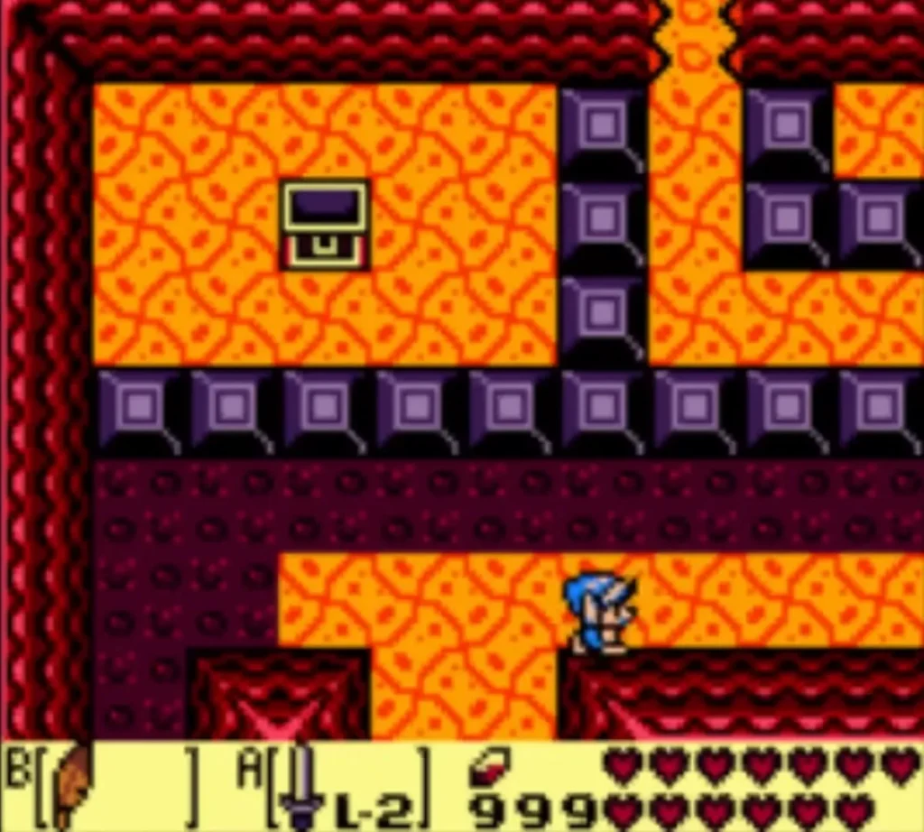 Link entering the platform room at its south side, below the walkway toward the chest ledge Link entering the platform room at its south side, below the walkway toward the chest ledge