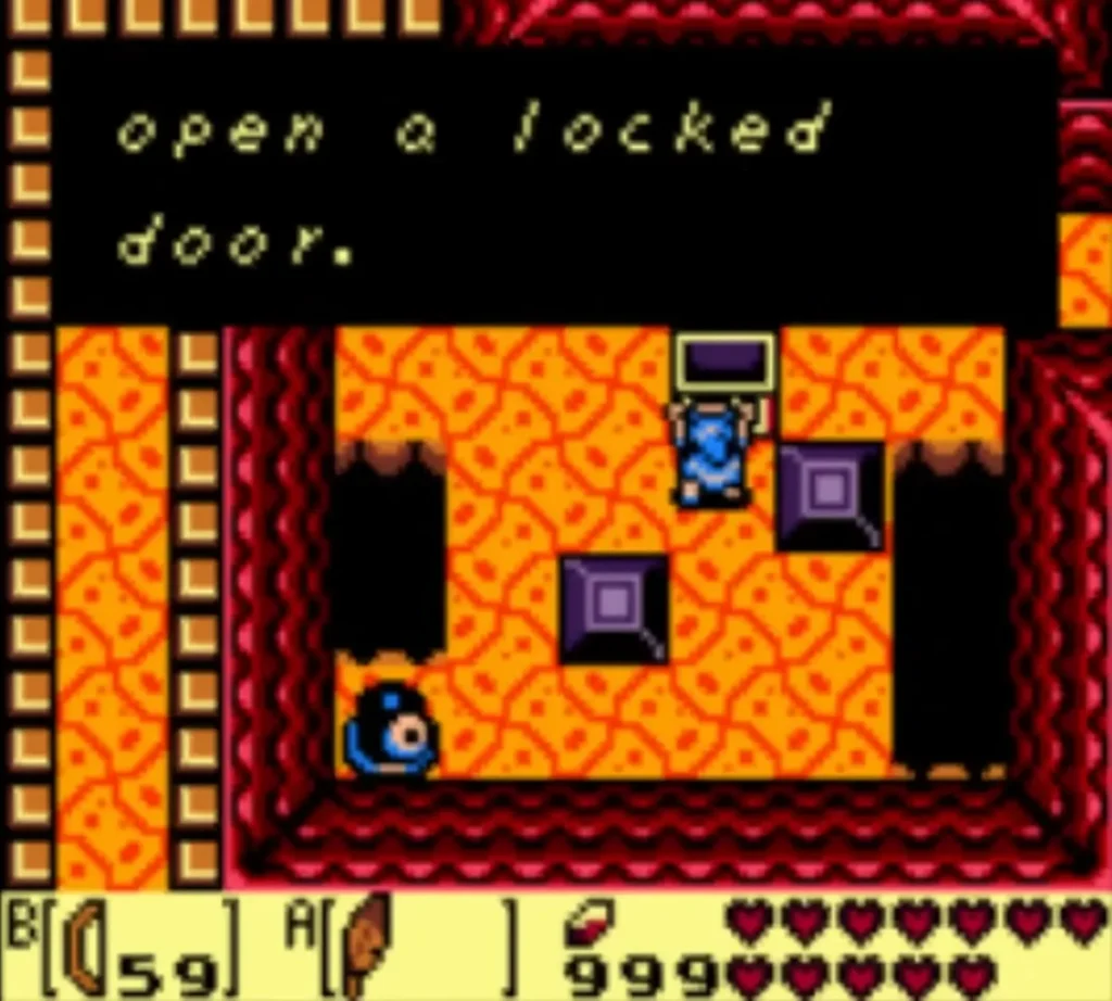 Message box ending open a locked door. above Link in the block room Message box ending open a locked door. above Link in the block room