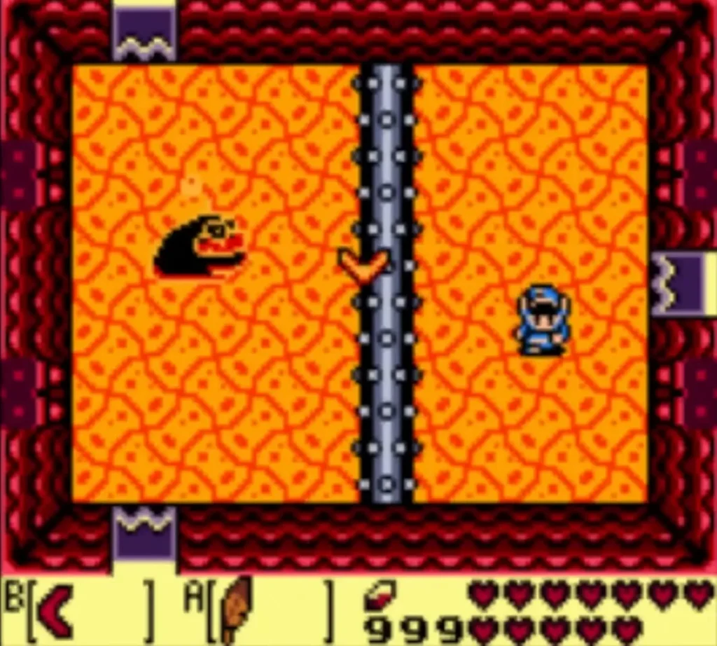 Link in a lava room with a spiked bar sliding across the floor Link in a lava room with a spiked bar sliding across the floor