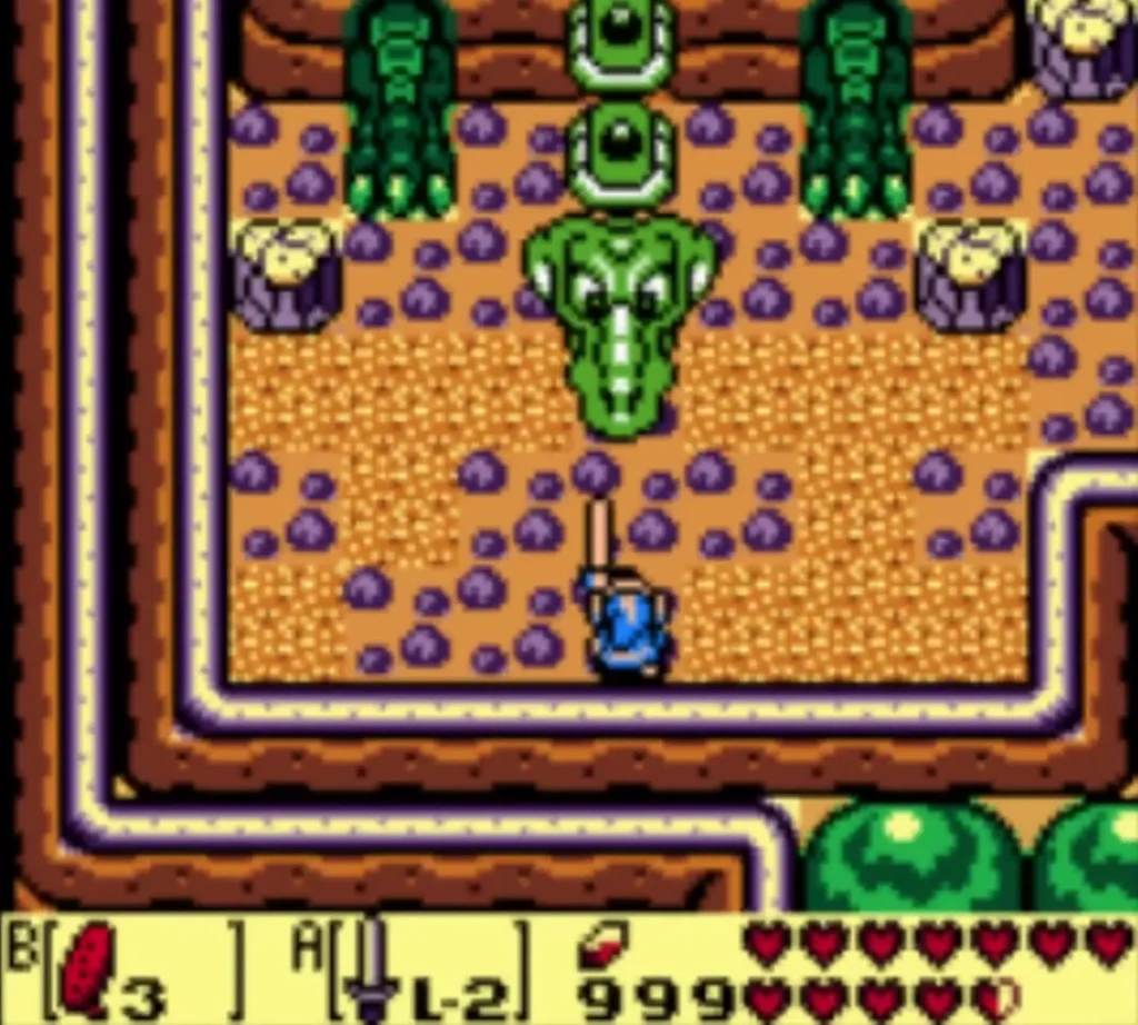 The turtle head lunging down toward Link while Link raises the Sword The turtle head lunging down toward Link while Link raises the Sword