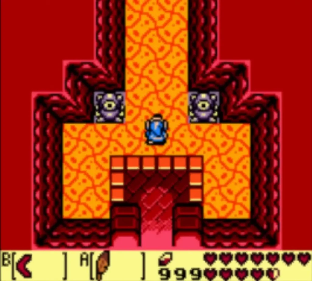 Link in the first hall of Turtle Rock with the corridor of lava rock ahead Link in the first hall of Turtle Rock with the corridor of lava rock ahead