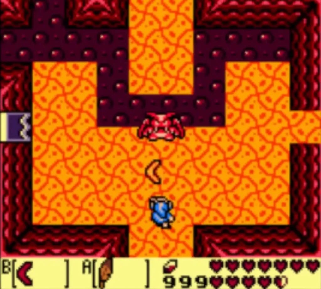 Link on a lava floor inside Turtle Rock facing a red enemy Link on a lava floor inside Turtle Rock facing a red enemy