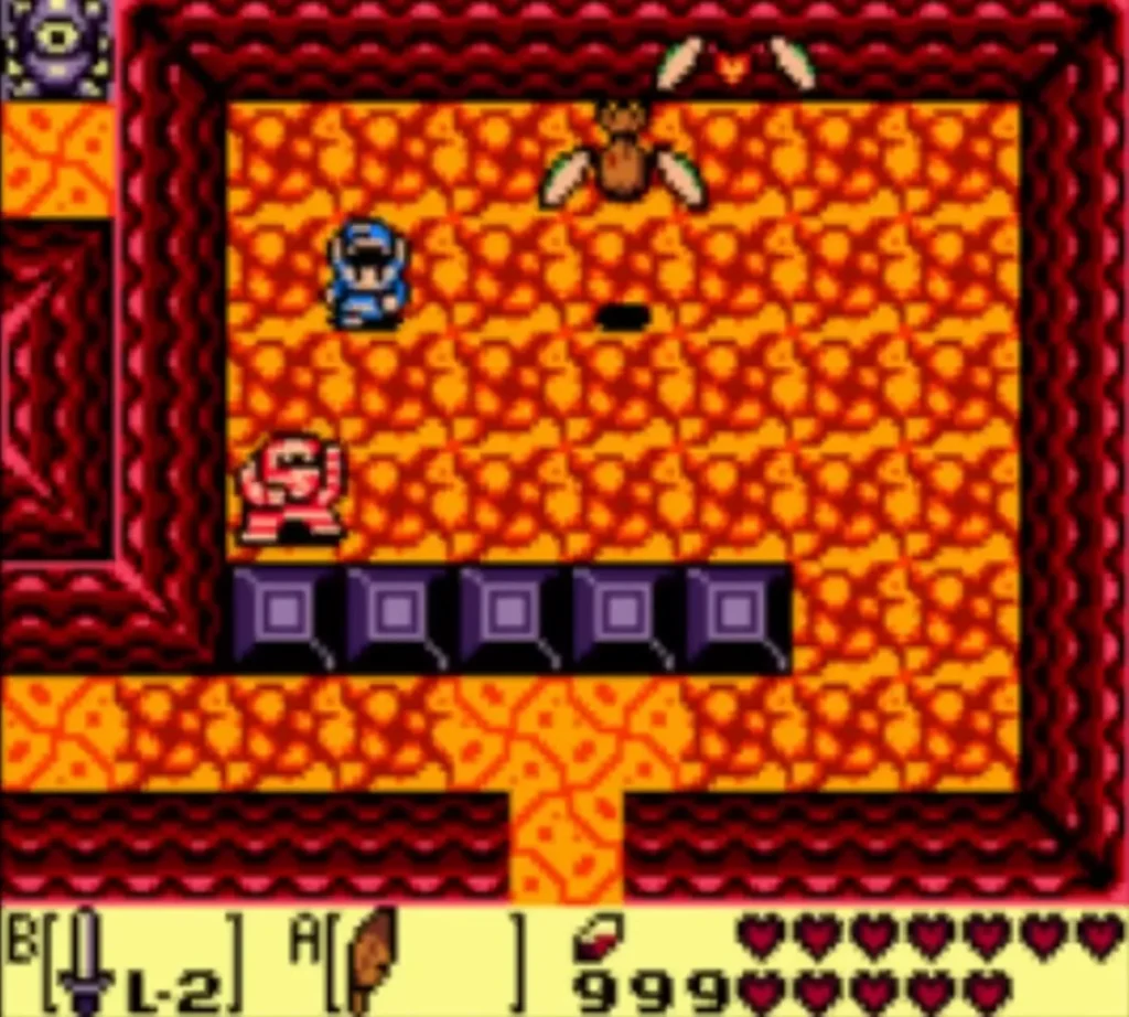 Link faces Vire and a Gibdo in the room of purple blocks. Link faces Vire and a Gibdo in the room of purple blocks.
