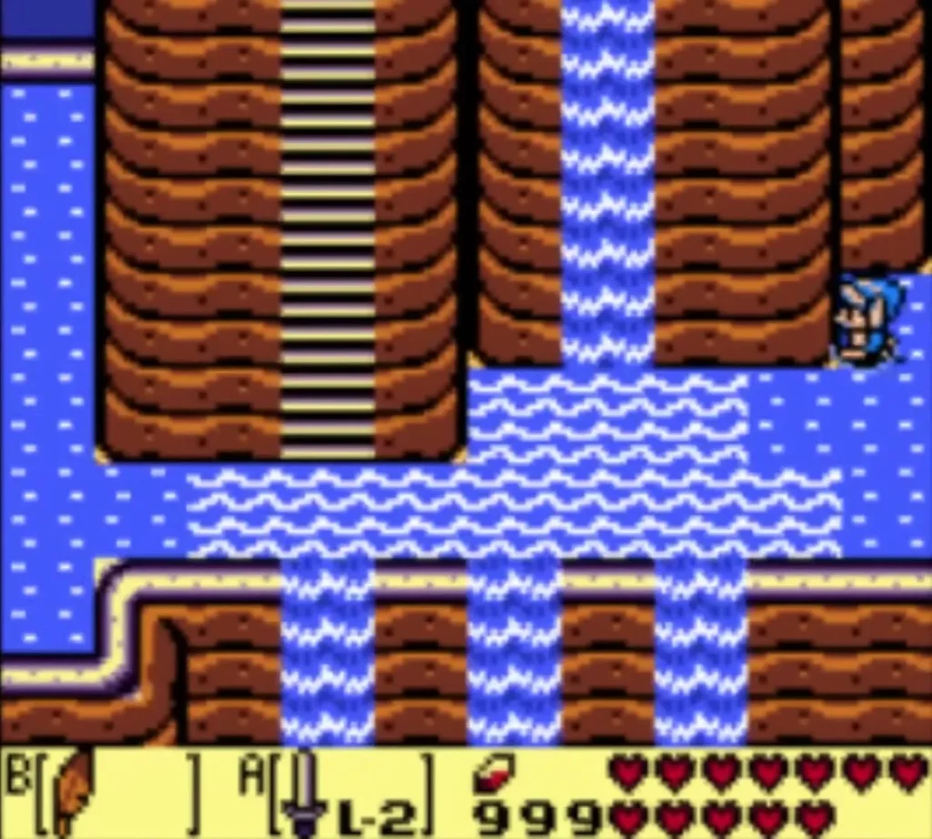 Link beside a waterfall in the cliff tunnel, next to the stairs Link beside a waterfall in the cliff tunnel, next to the stairs