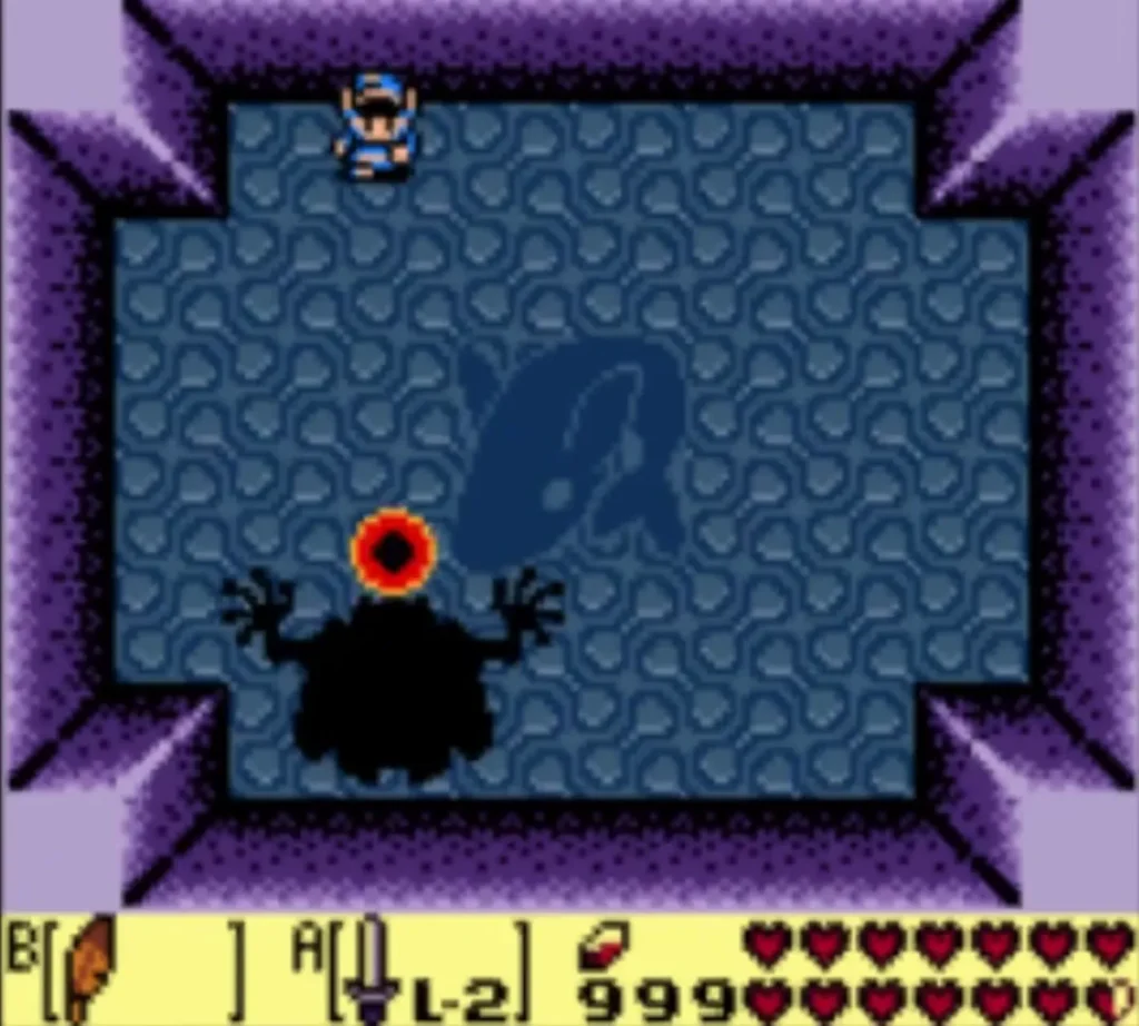 Agahnim shadow at the bottom of the arena with a red energy ball above it while Link stands at the top Agahnim shadow at the bottom of the arena with a red energy ball above it while Link stands at the top