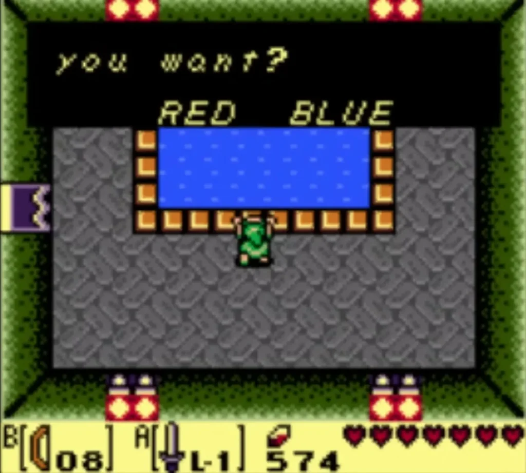 Color Dungeon prompt offering the Red or Blue Tunic, with Link before the pool Color Dungeon prompt offering the Red or Blue Tunic, with Link before the pool