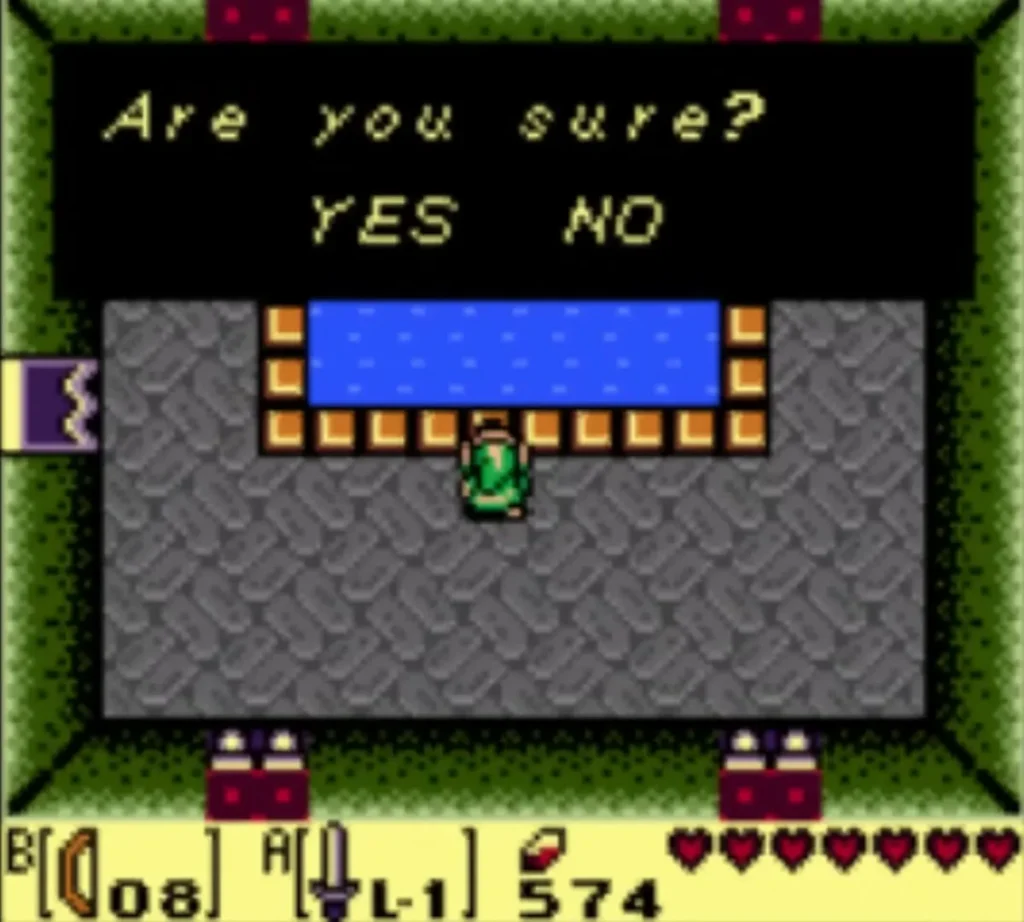 The Are you sure? YES prompt after choosing a tunic in the Color Dungeon The Are you sure? YES prompt after choosing a tunic in the Color Dungeon