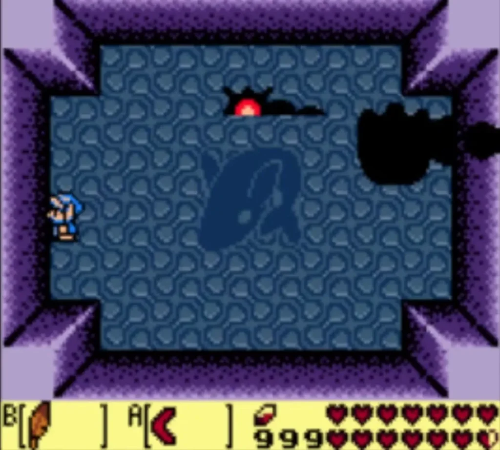 DethI black body with a glowing red eye at the top of the arena and Link on the left DethI black body with a glowing red eye at the top of the arena and Link on the left
