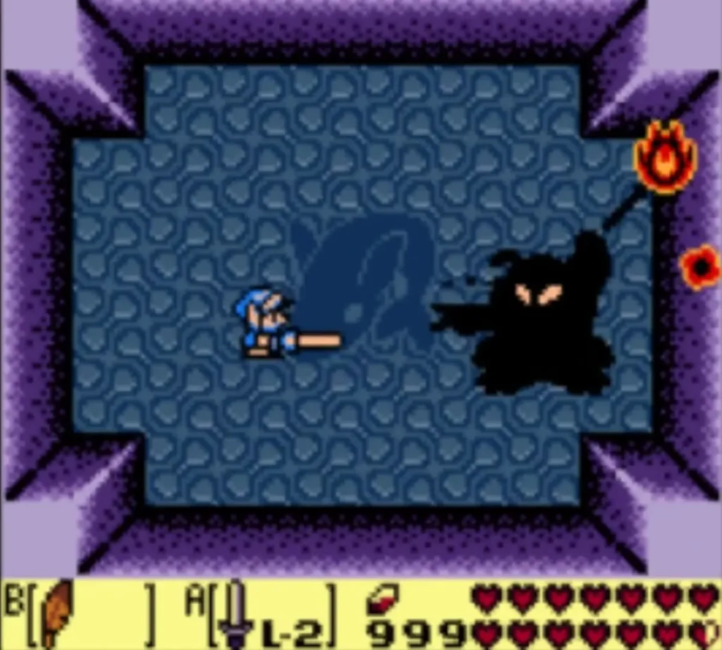 The Ganon shadow with a flaming fireball near its head as Link attacks from the left The Ganon shadow with a flaming fireball near its head as Link attacks from the left