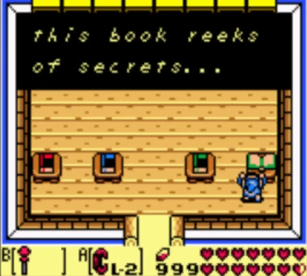 The library book message ending this book reeks of secrets, shown with Link at the shelf The library book message ending this book reeks of secrets, shown with Link at the shelf