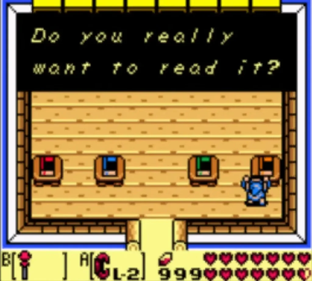 Mabe Village library with the prompt asking Link whether he really wants to read the book Mabe Village library with the prompt asking Link whether he really wants to read the book