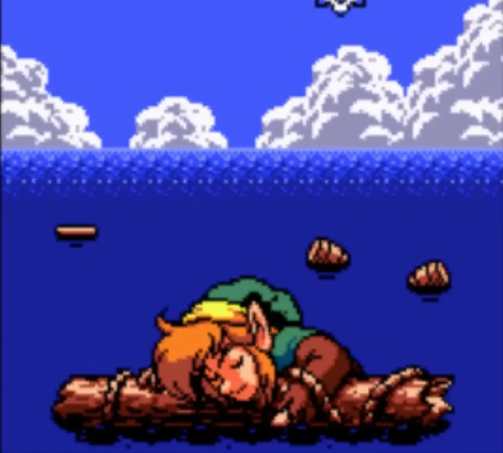 Link asleep on a floating log in the sea as in the game opening Link asleep on a floating log in the sea as in the game opening